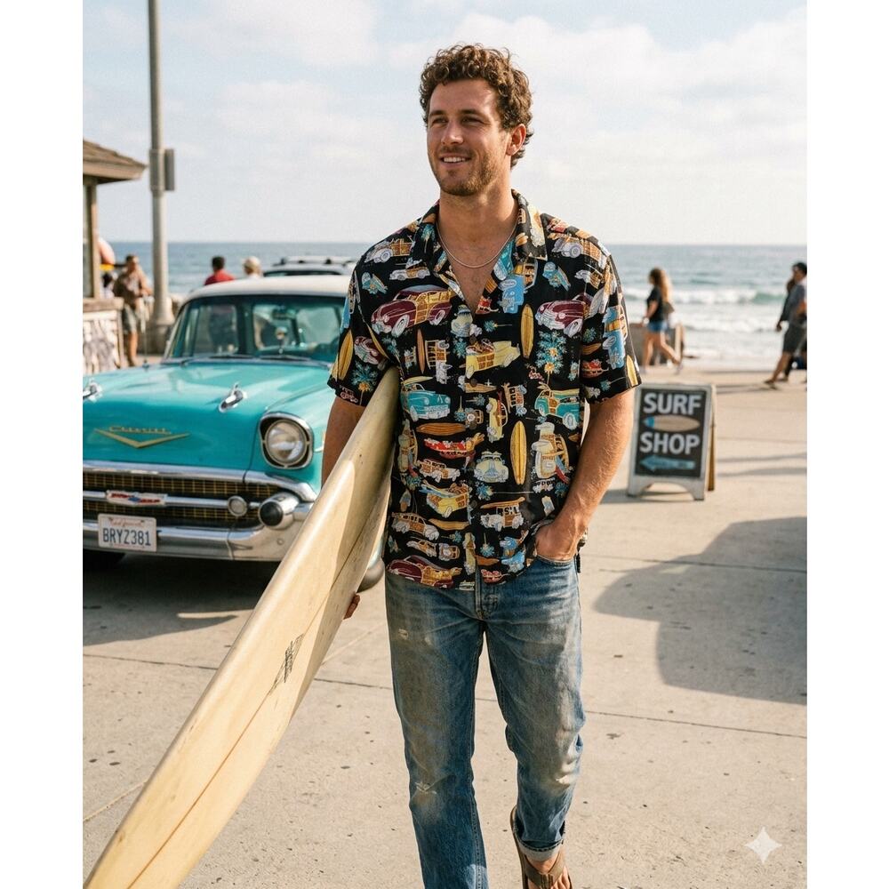John Severson Kahala Woodie Car Surfboard Rayon Hawaiian Shirt Men's Large EUC